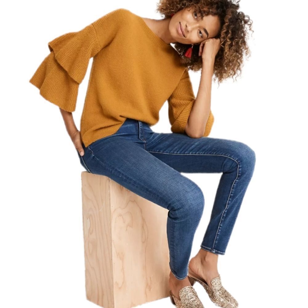 MADEWELL rust tier ruffle sleeve pullover sweater in coziest yarn M